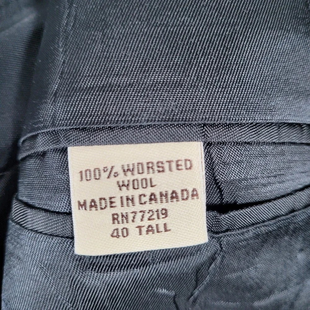 Pronto Uomo 100% Worsted Wool Blazer 40 Tall Blue Black 2 Button Made‎ in Canada